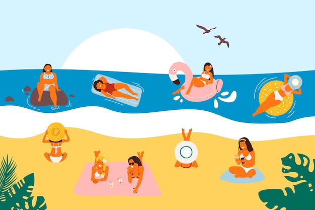 Vector summer vacation on the beach. flat sea holiday activities, women, people travel in sandy design. cartoon ocean leisure, man having fun and outdoors.