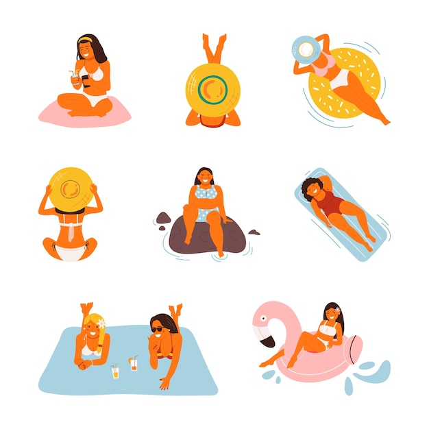 Vettore vacanze estive sulla spiaggia. attività di vacanza in mare piatto, donne, persone viaggiano in un design sabbioso. cartone animato