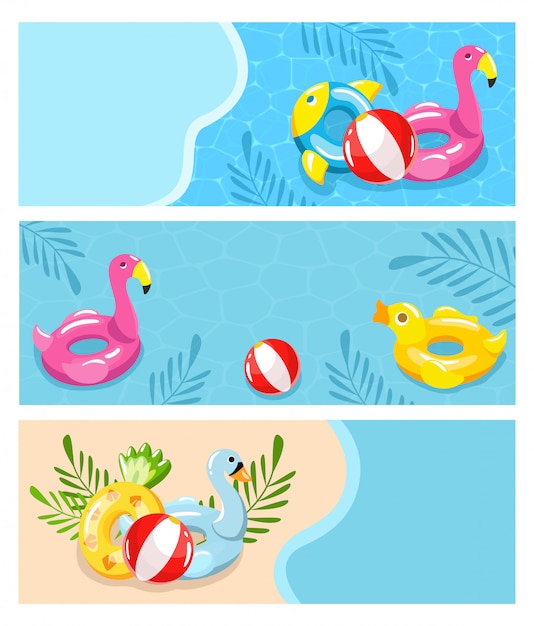 Vacanze estive sulla spiaggia, illustrazione della piscina. rilassamento solare e vacanza divertente, giocattoli inabili, palla di gomma, acqua pulita su sfondo blu. bellissimo hotel sul mare.
