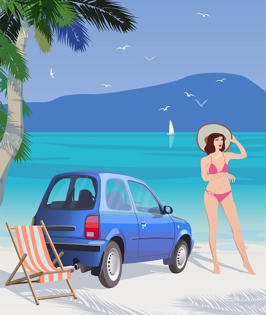 Vettore vacanze estive in auto al mare vettore