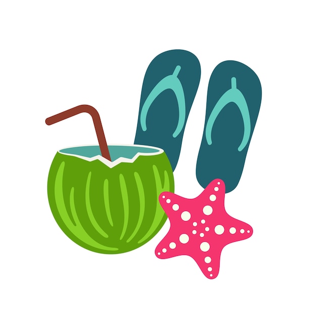 Vector summer vacation composition. flip flops, coconut and starfish.