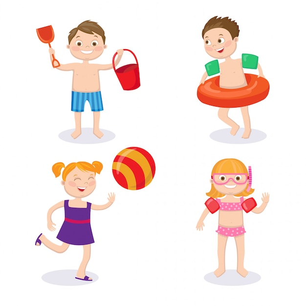 Concetto di vacanze estive. bambini felici che indossano costumi da bagno divertendosi