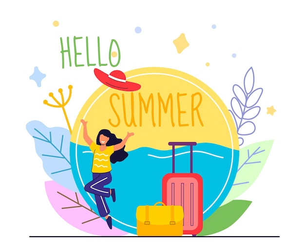 Vector summer vacation design for travel girl jumping and enjoying sun