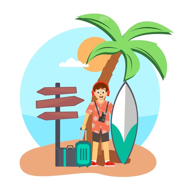 Summer Vacation Design for Travel in a Sand Beach Island with Summer Items Vector Illustration