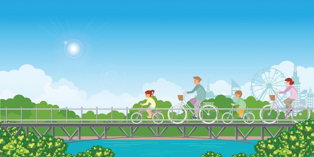 Vector summer vacation. family are riding bicycles on bridge .