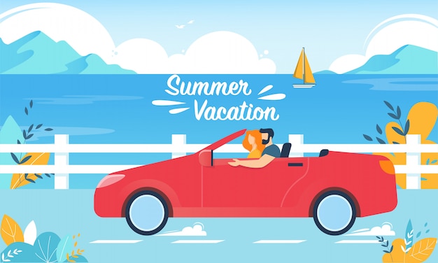 Vector summer vacation happy couple on red cabriolet car