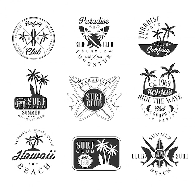 Vector summer vacation in hawaii black and white sign design templates with text and tools silhouettes