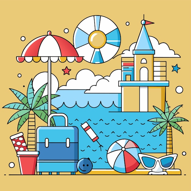 벡터 여름 휴가 휴가 여행 해변 요소 손으로 그려진 평평한 세련된 만화 스티커 아이콘 개념
