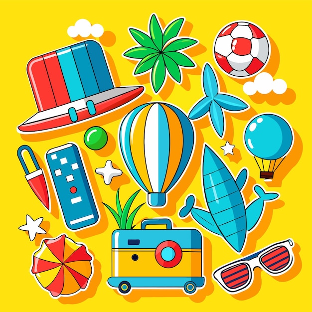 Vector summer vacation holiday travel beach elements hand drawn flat stylish cartoon sticker icon concept