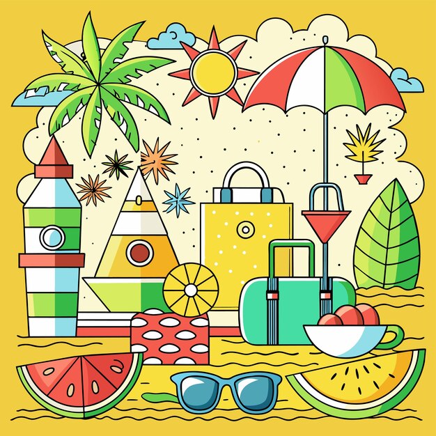 Summer vacation holiday travel beach elements hand drawn flat stylish cartoon sticker icon concept