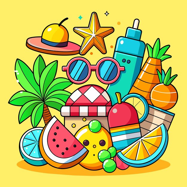 Summer vacation holiday travel beach elements hand drawn flat stylish cartoon sticker icon concept