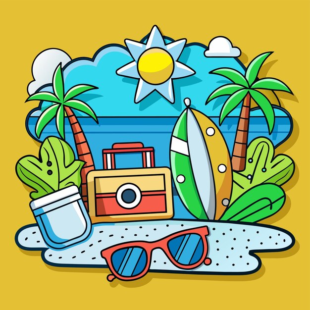 Vector summer vacation holiday travel beach elements hand drawn flat stylish cartoon sticker icon concept