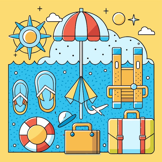 Vector summer vacation holiday travel beach elements hand drawn flat stylish cartoon sticker icon concept