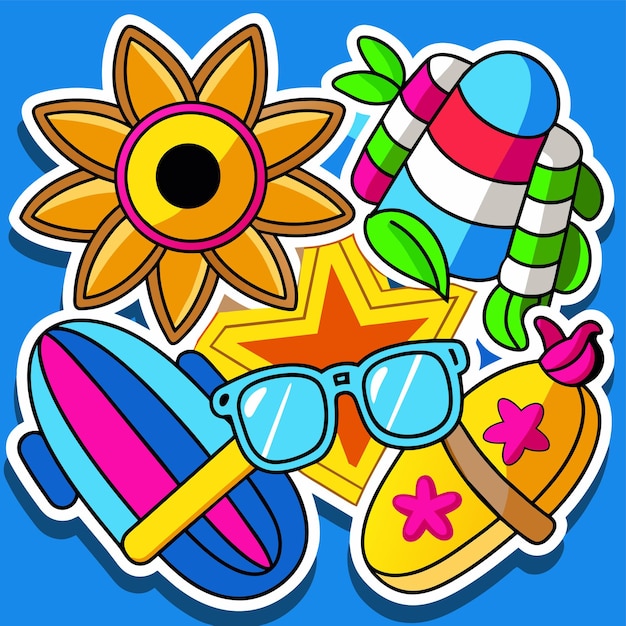 Summer vacation holiday travel beach elements hand drawn flat stylish cartoon sticker icon concept