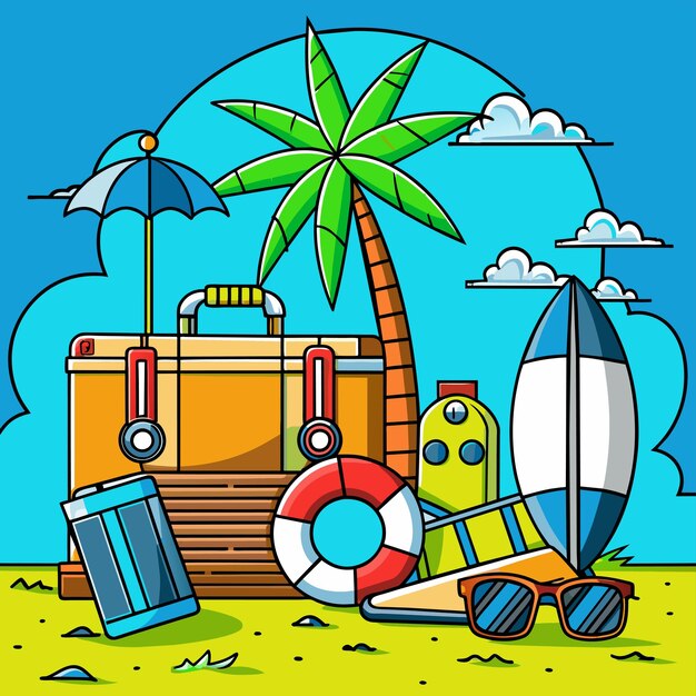 Vector summer vacation holiday travel beach elements hand drawn flat stylish cartoon sticker icon concept