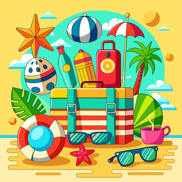 ベクトル summer vacation holiday travel beach elements hand drawn flat stylish cartoon sticker icon concept