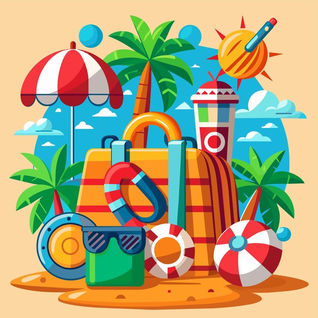 ベクトル summer vacation holiday travel beach elements hand drawn flat stylish cartoon sticker icon concept