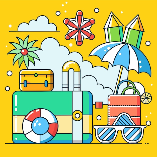 Vettore vacanze estive vacanze viaggi elementi di spiaggia disegnati a mano piatti stilosi adesivi di cartoni animati concetto di icona