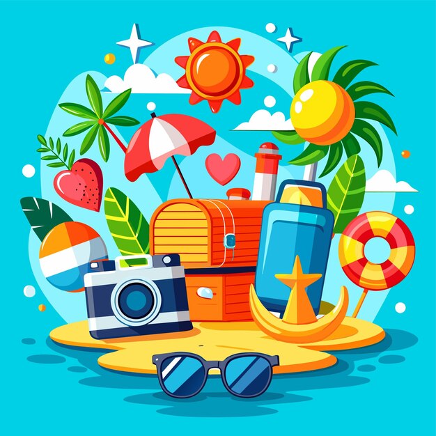 Vettore summer vacation holiday travel beach elements hand drawn flat stylish cartoon sticker icon concept