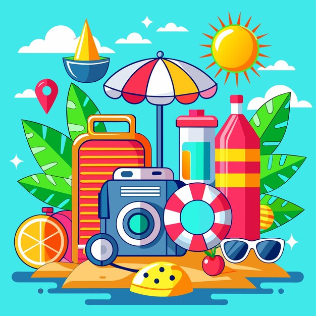 Vector summer vacation holiday travel beach elements hand drawn flat stylish cartoon sticker icon concept