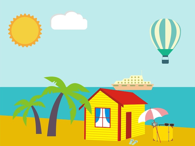 Vettore vacanze estive illustrazione mare palma sole e casa sulla spiaggia vettore