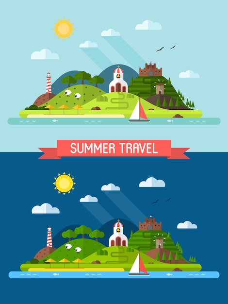 푸른 언덕, 해변, 교회, 공장, 요새, 등대, 항해 보트가 있는 여름 휴가 섬. 평면 디자인에 여름 여행 배경입니다. 웹사이트용 관광 배너입니다. 모험 풍경 포스터입니다.