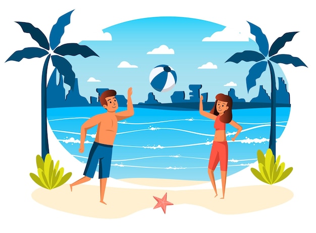 Vector summer vacation isolated scene couple playing ball on beach