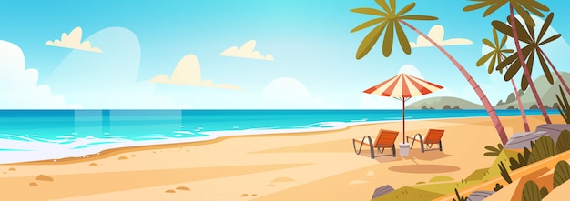 Вектор Летние каникулы шезлонги на берегу моря пейзаж красивый морской пейзаж баннер курортный пляжный отдых