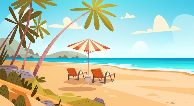 Summer Vacation Loungers On Sea Beach Landscape Beautiful Seascape Banner Seaside Holiday