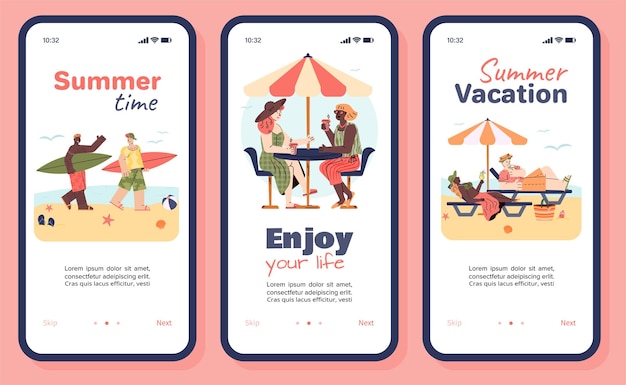 App mobile per le vacanze estive impostata sullo schermo dello smartphone con persone dei cartoni animati