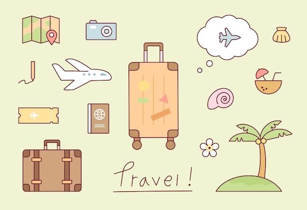 Summer vacation overseas travel cute icon set