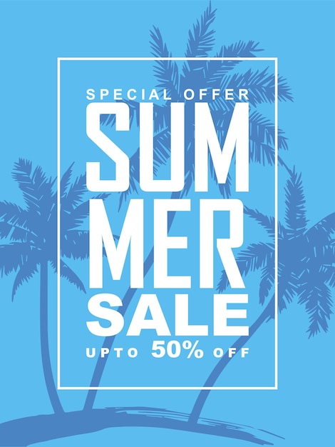 Vector summer vacation sale banner sky blue background with coconut tree summer sale text