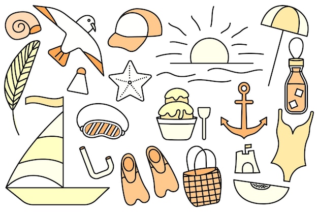 Summer vacation at the sea Beach stuff Collection of things for the vacation Vector line icon Editable stroke Doodle style