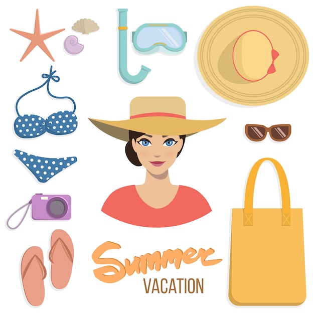 Vector summer vacation set of beach accessories.