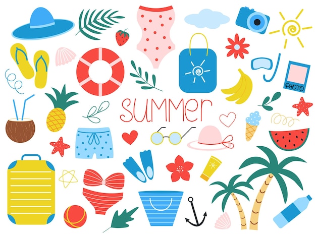 벡터 여름 휴가 여름 해변 휴가 컬렉션 야자수 과일의 요소 귀여운 속성 집합