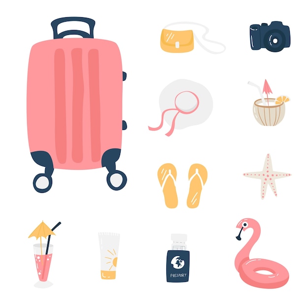 Summer vacation set. Resort concept. Travel set with coconut cocktail, swimsuit, surfboard, suitcase, sunglasses, camera, lifebuoy, passport etc. Vector illustration of isolated objects