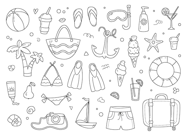 Summer vacation set, wardrobe items for traveling and relaxing on the beach. linear drawing, coloring book. vector illustration in cartoon childish style. isolated funny clipart. cute print