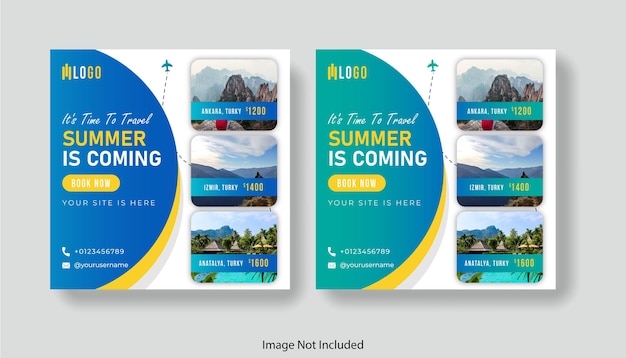 Vector summer vacation social media post template holiday package design and web banner for travel agency