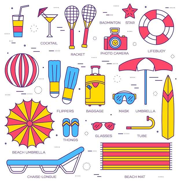 Summer vacation thin line icons collection set