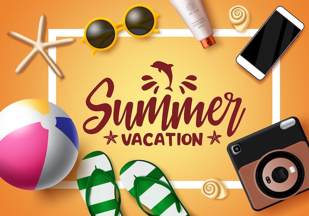 Summer vacation vector banner template Summer vacation text in white frame with space and beach