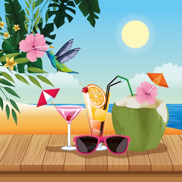 Vettore vacanze estive e cartoni animati sulla spiaggia