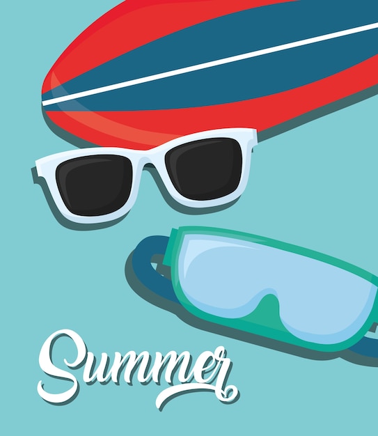 Vector summer vacations design with surfboard and snorkel goggles