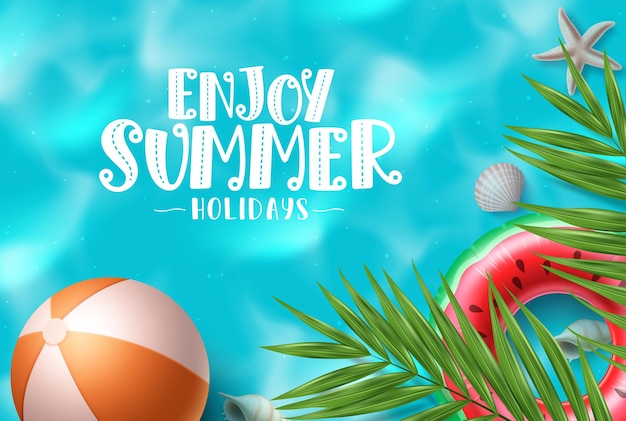 Summer vector background design Enjoy summer text in beach water with floating beachball