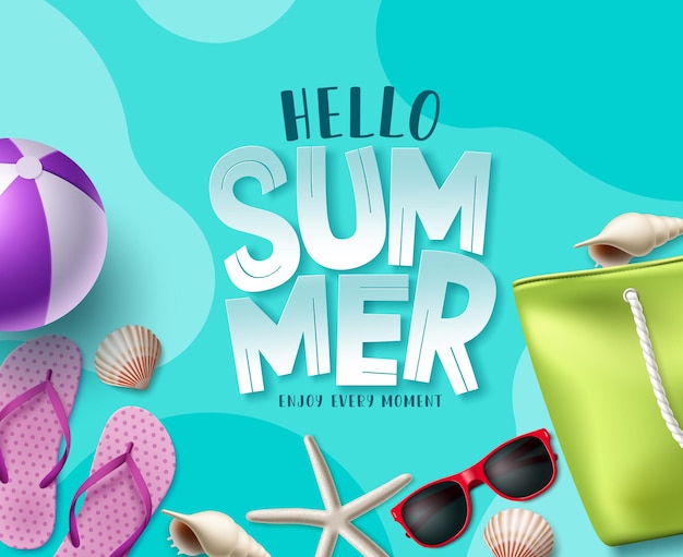 Summer vector background design Hello summer greeting text with beach elements for tropical holiday