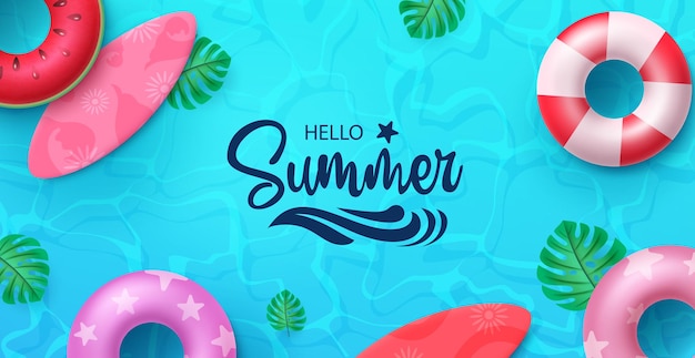 Summer vector background design. Hello summer text in swimming pool water with beach elements.