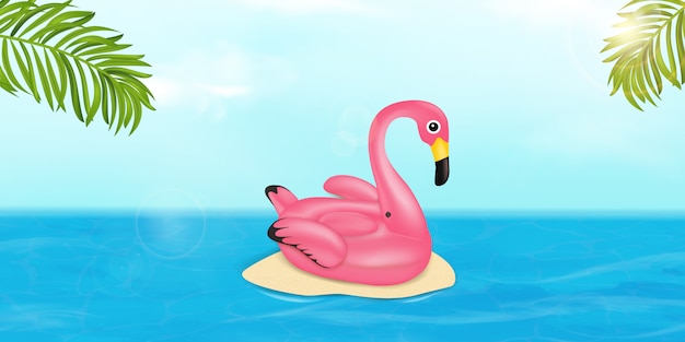 ピンクのフラミンゴプールのフロート、熱帯のヤシの葉と海の夏ベクターバナーデザインコンセプト。