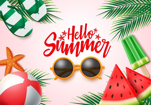 Summer vector banner design hello summer greeting text with colorful beach elements