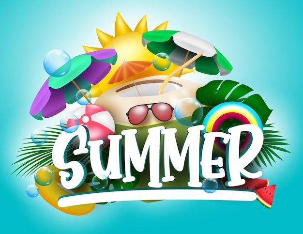 Summer vector banner design summer text with tropical season elements