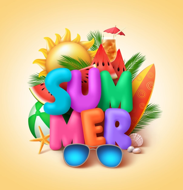 Vector summer vector banner design with 3d colorful summer text and beach elements