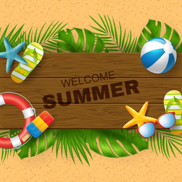 Summer vector banner design with colorful 3D beach elements